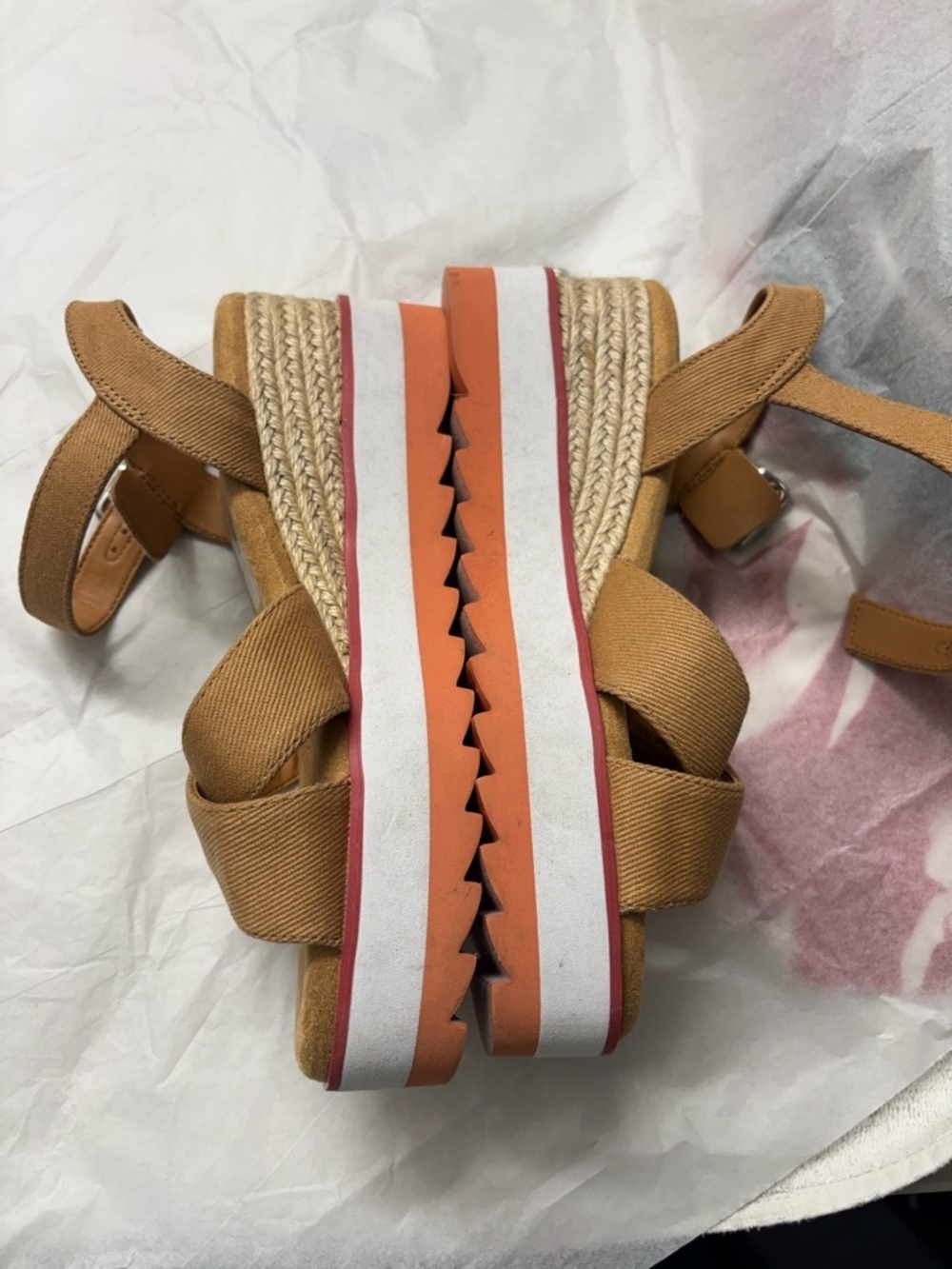 Chelsea & Violet Tan Espadrille Platform Sandals with Orange Accent